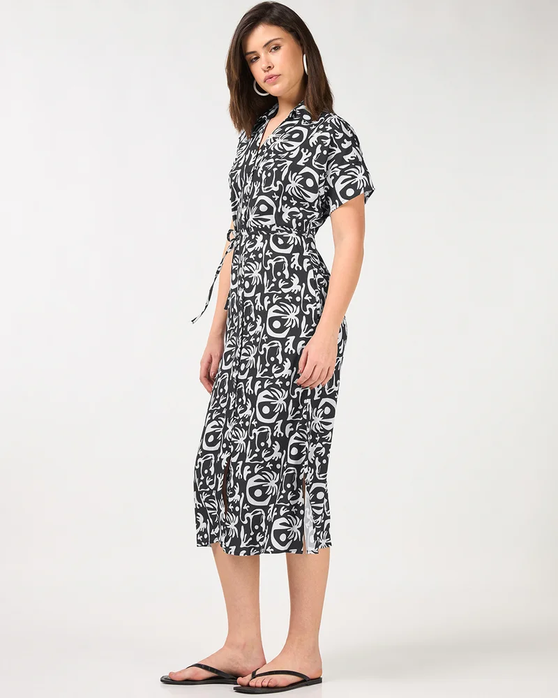 bewakoof Women's Black & White All Over Printed Relaxed Fit Shirt Dress